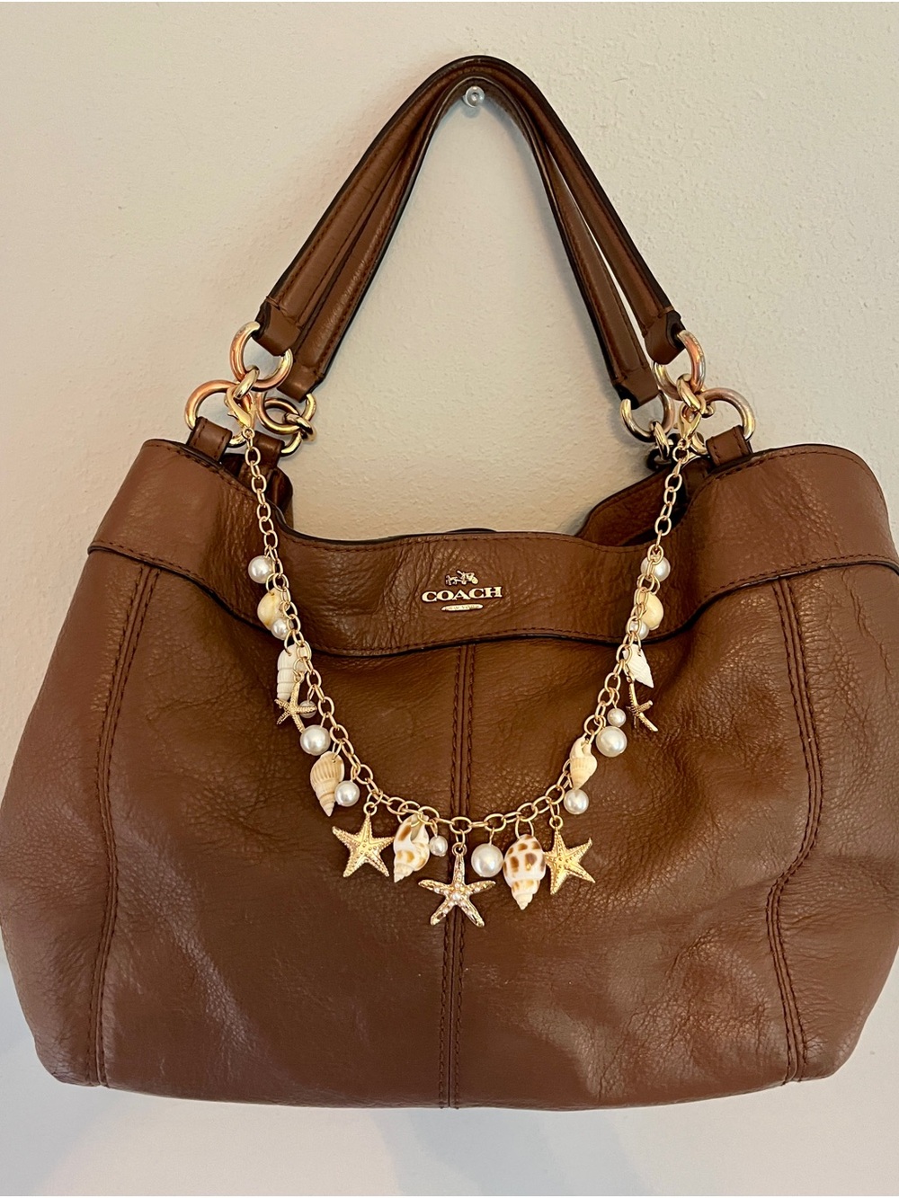 Coach Small Lexy Brown Leather Shoulder Bag with Nautical Charm Chain